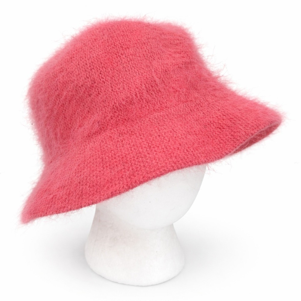 Modern Women's Soft Shell Bucket Style Hat One Size Pink Fuzzy Angora Wool